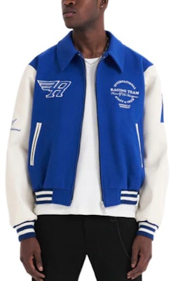 REPRESENT FW22 Colorblock Logo Print Baseball Jacket - Blue. M01143-109 Details for REPRESENT FW22 Colorblock Logo Print Baseball Jacket - Blue. M01143-109