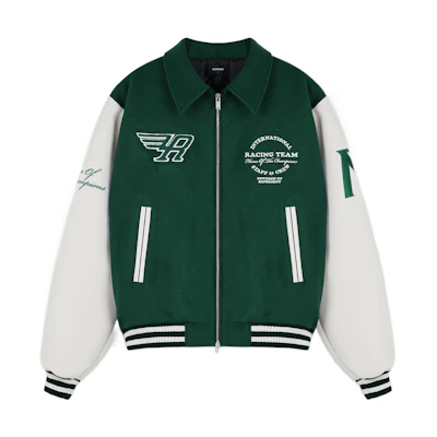 REPRESENT FW22 Colorblock Logo Print Varsity Jacket Green Long Sleeve. M01143-62