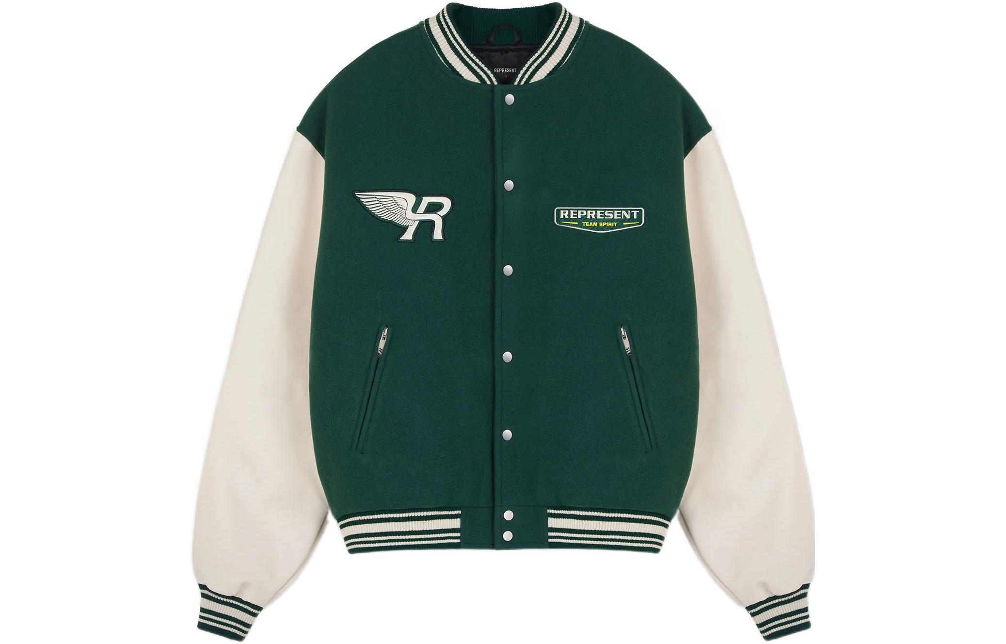 REPRESENT FW22 Green Varsity Jacket with Colorblock Logo Embroidery Unisex. M01078-62-GREEN