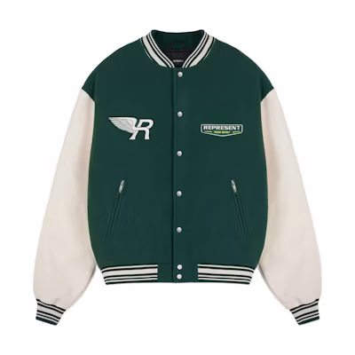 REPRESENT FW22 Green Varsity Jacket with Colorblock Logo Embroidery Unisex. M01078-62-GREEN