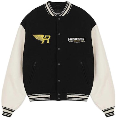 REPRESENT FW22 Logo Patchwork Baseball Jacket Unisex Black Long Sleeve. M01078-01-BLACK Order REPRESENT FW22 Logo Patchwork Baseball Jacket Unisex Black Long Sleeve. M01078-01-BLACK