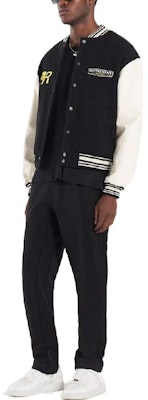 REPRESENT FW22 Logo Patchwork Baseball Jacket Unisex Black Long Sleeve. M01078-01-BLACK Details for REPRESENT FW22 Logo Patchwork Baseball Jacket Unisex Black Long Sleeve. M01078-01-BLACK