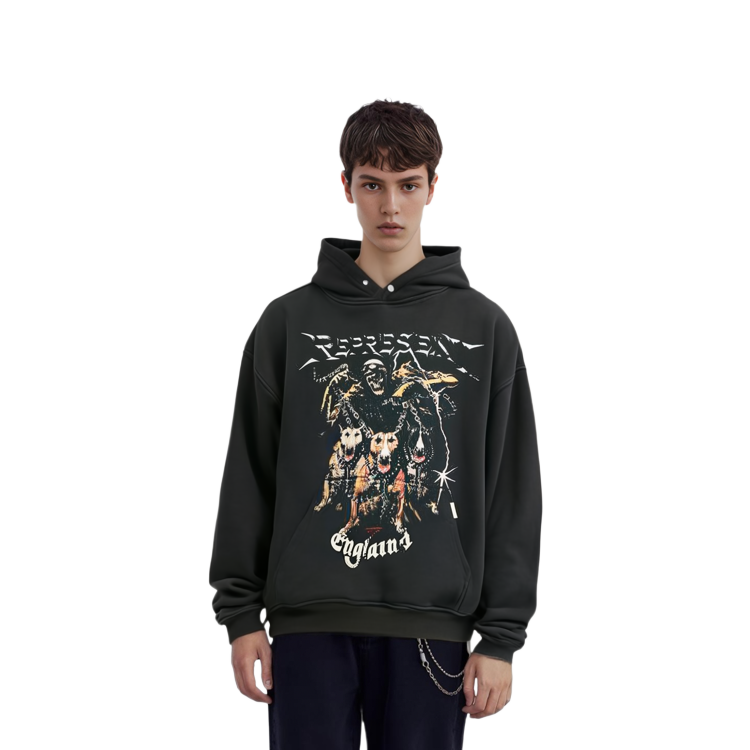 Details for Represent FW22 Three-Head Dog Print Black Hoodie Men M04065-03