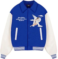 REPRESENT FW23 Angel Print Patchwork Loose Baseball Jacket Blue Men M01222-109 REPRESENT FW23 Angel Print Patchwork Loose Baseball Jacket Blue Men M01222-109