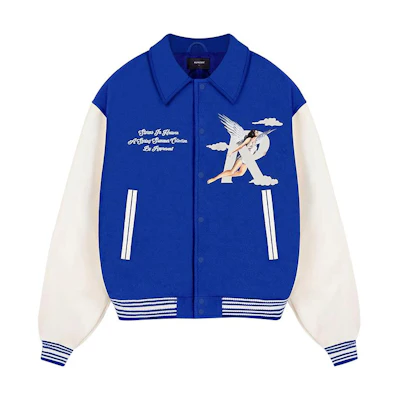 REPRESENT FW23 Angel Print Patchwork Loose Baseball Jacket Blue Men M01222-109
