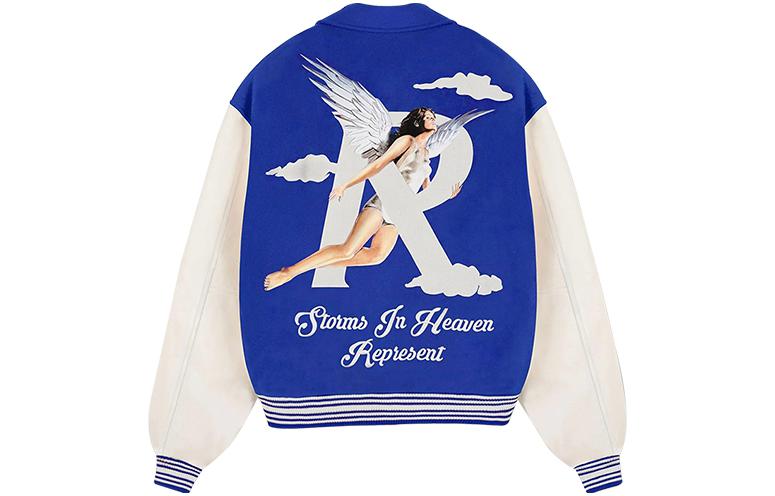 Lookbook REPRESENT FW23 Jaket Besbol Longgar Cetakan Malaikat Patchwork Biru Lelaki M01222-109