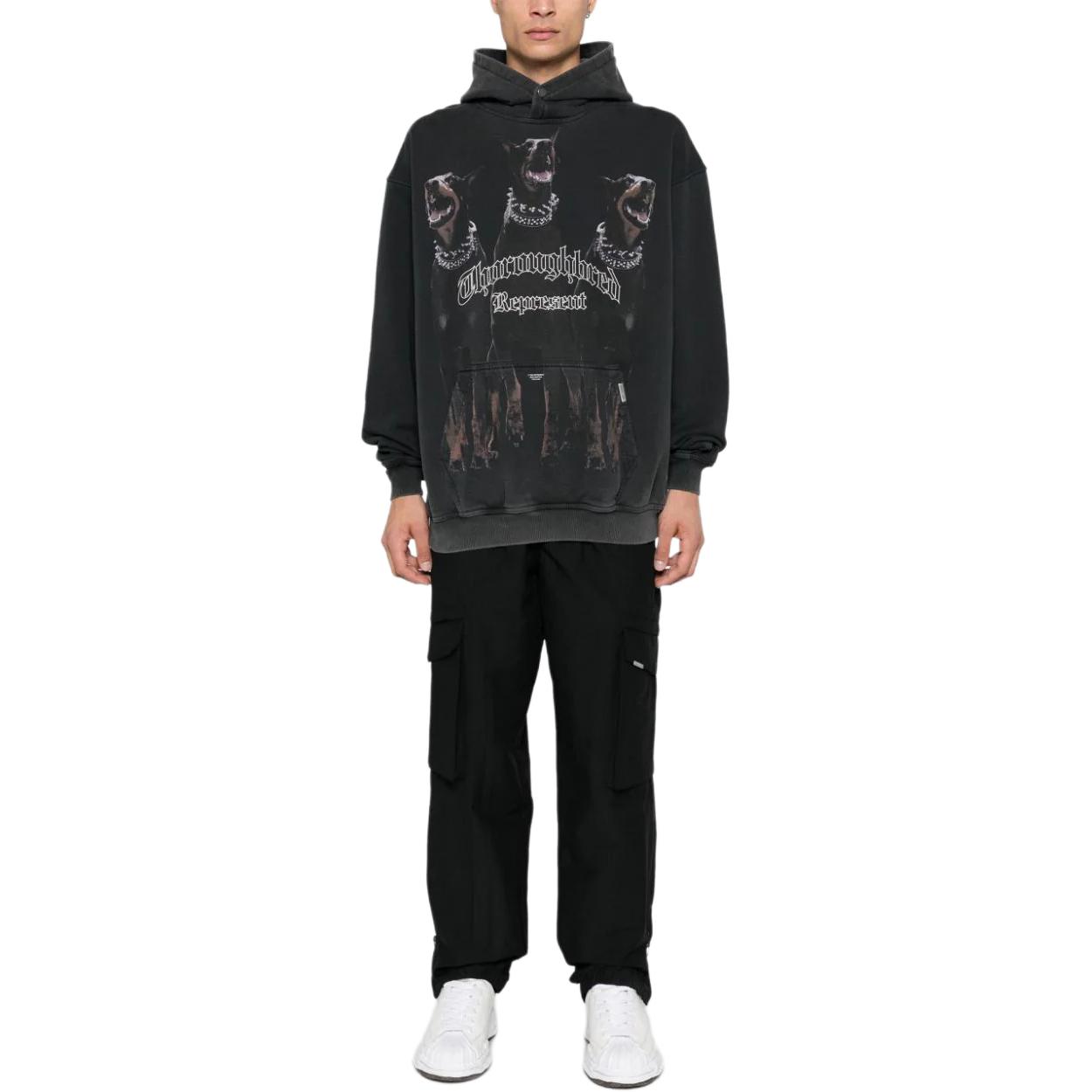 Lookbook REPRESENT FW24 Oversized Knit Hoodie Black with Textured Puppy Print for Men. MLM41134-003