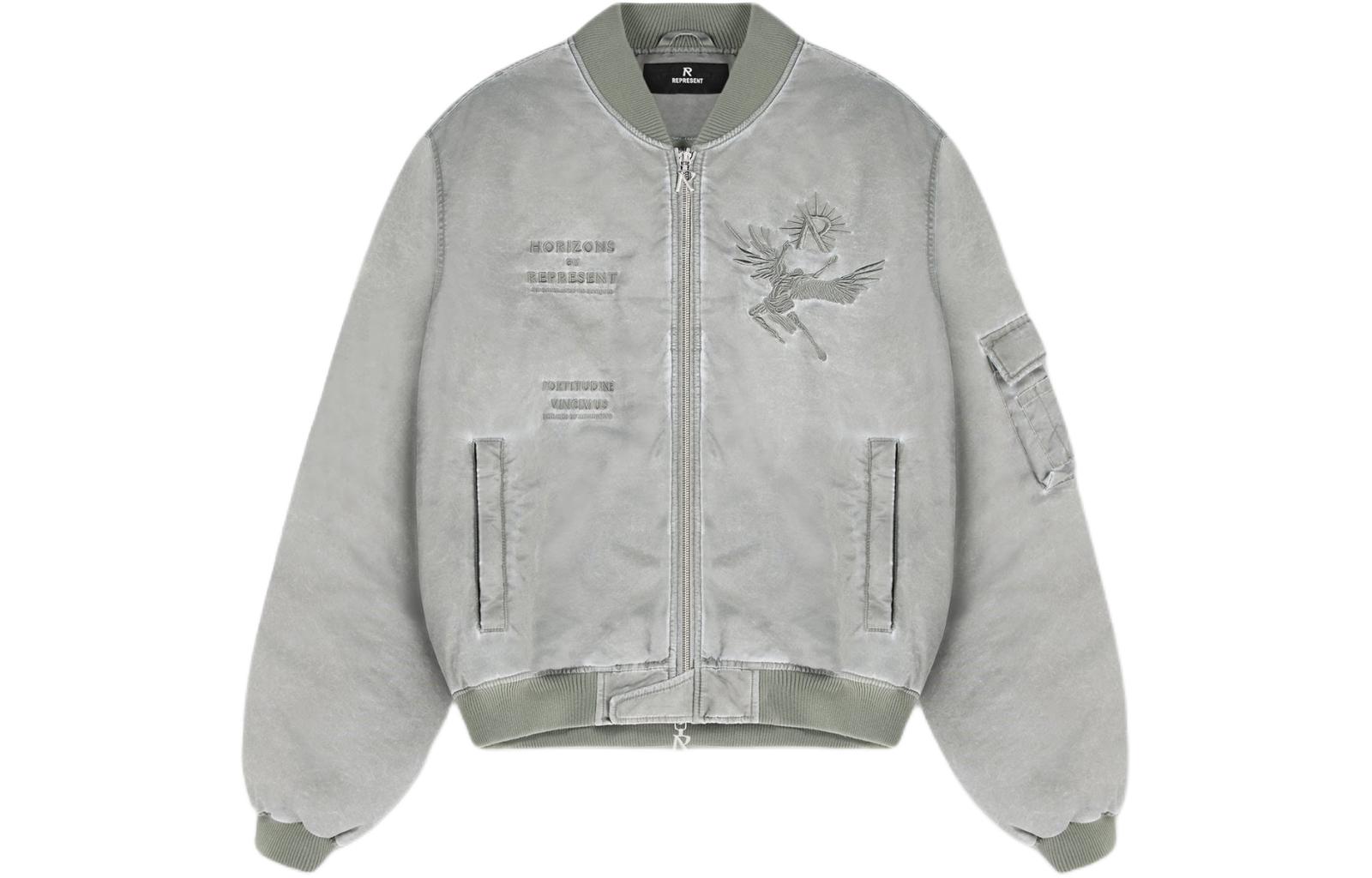 REPRESENT Icarus Flying Bomber Grey Logo Print Zip Baseball Collar Jacket Men. MLM133-168