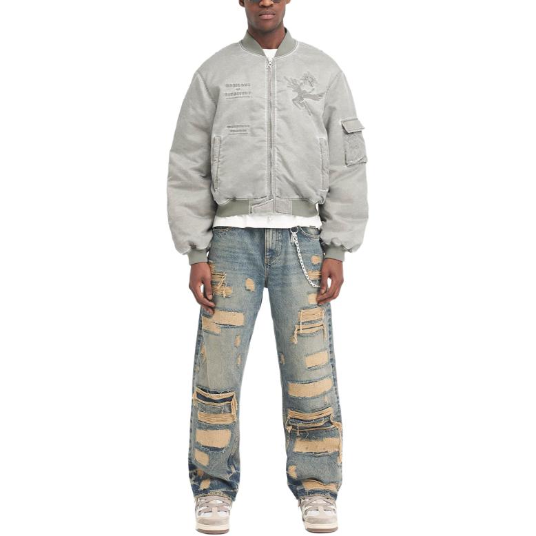 Shop REPRESENT イカロス フライングボンバー グレー ロゴプリント ジップ 野球襟ジャケット メンズ MLM133-168