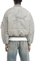 Details for REPRESENT Icarus Flying Bomber Grey Logo Print Zip Baseball Collar Jacket Men. MLM133-168