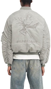 REPRESENT イカロス フライングボンバー グレー ロゴプリント ジップ 野球襟ジャケット メンズ MLM133-168 Details for REPRESENT イカロス フライングボンバー グレー ロゴプリント ジップ 野球襟ジャケット メンズ MLM133-168