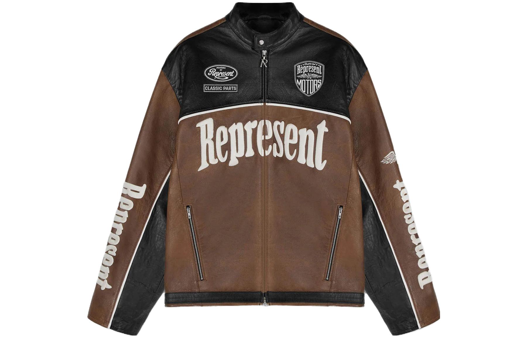 Represent Leather Motor Jacket Brown Zip-Up Stand Collar Jacket MLM137-219