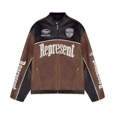 Represent Leather Motor Jacket Brown Zip-Up Stand Collar Jacket MLM137-219