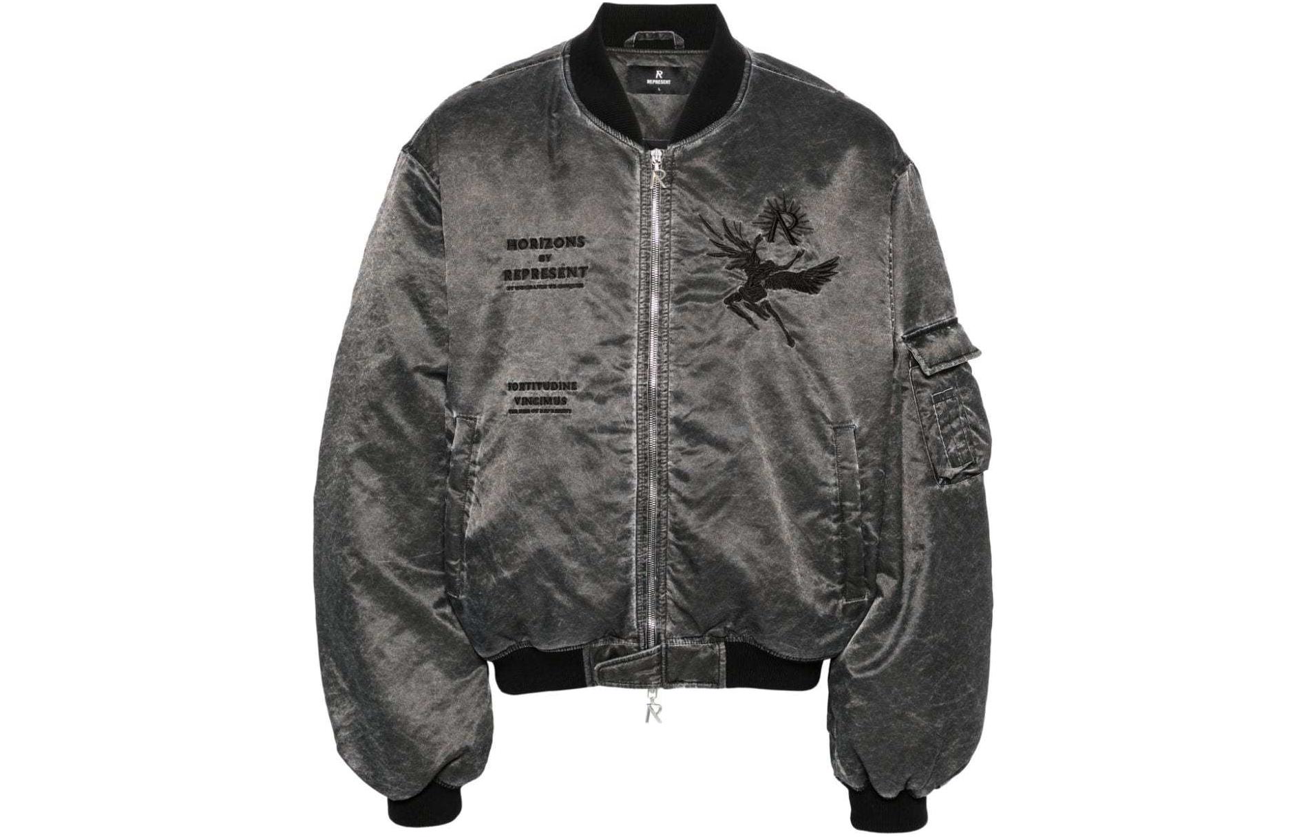 Represent Logo Embroidered Ribbed Hem Bomber Jacket Dark Gray MLM133-01