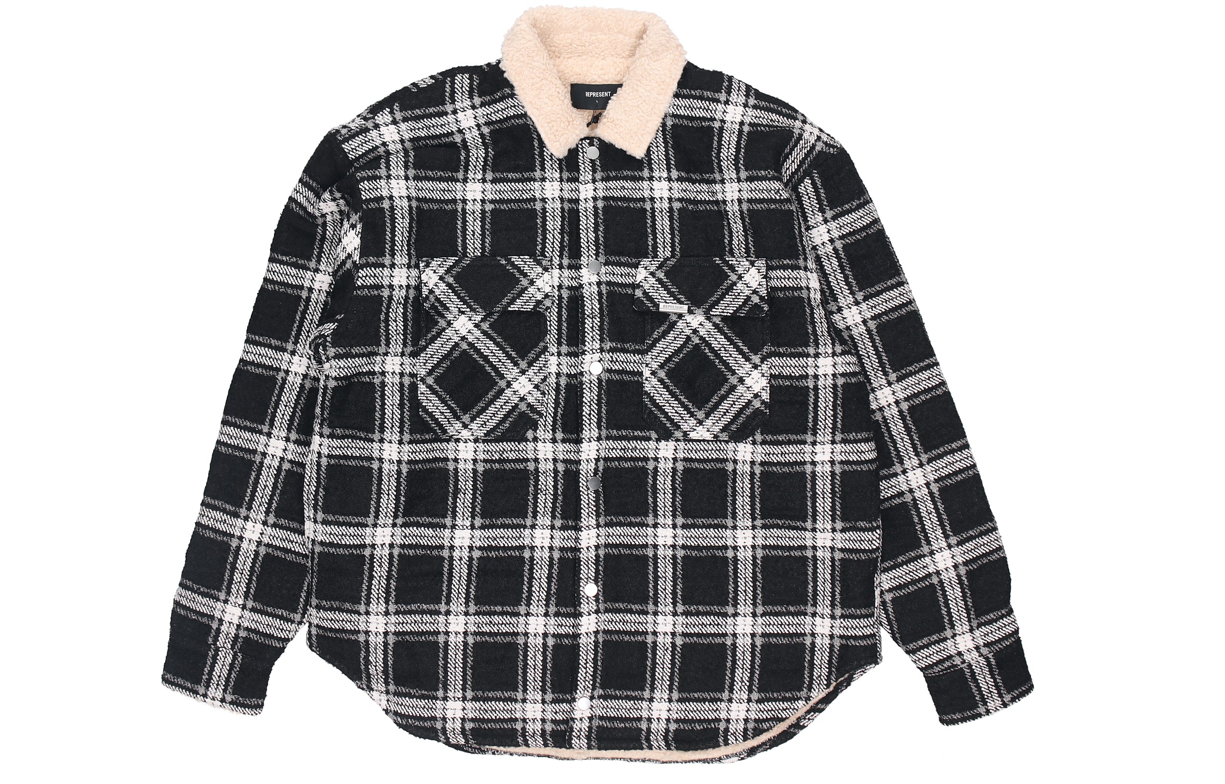 Lookbook REPRESENT Logo Plaid Sherpa-Lined Jaket Hitam Lelaki. M06050-01