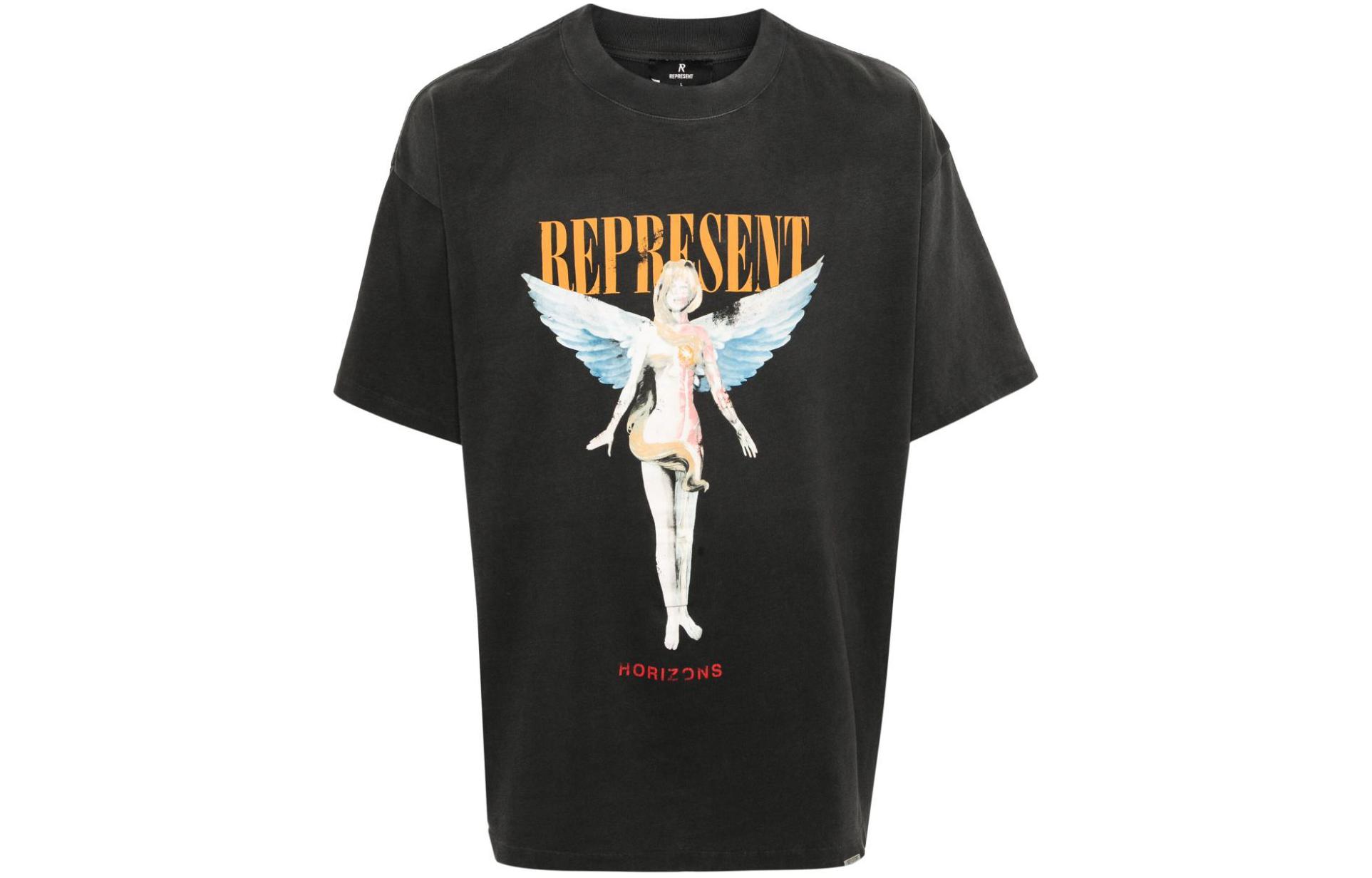 REPRESENT Logo Print Ribbed Trim Short Sleeve T-Shirt Black -  Fashion Tee MLM434-444