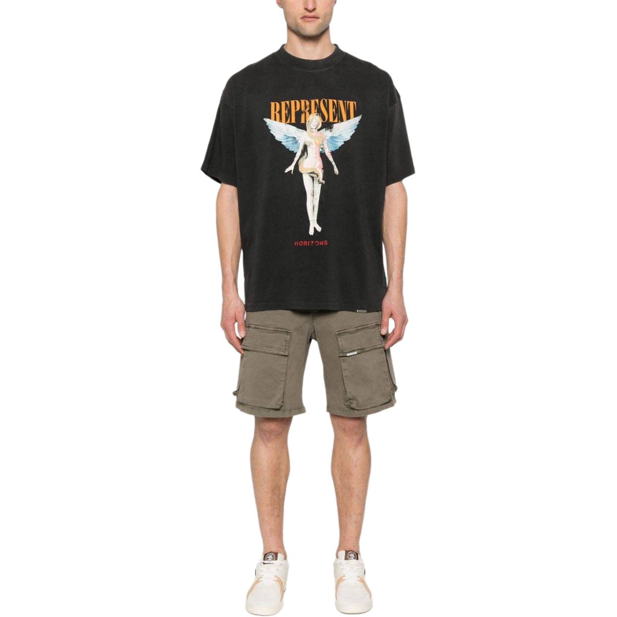 Lookbook リプレゼント ロゴプリント リブトリム 半袖Tシャツ ブラック - ファッションティー MLM434-444