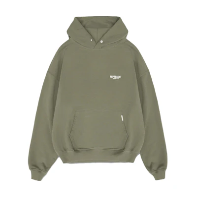 REPRESENT Olive Green Solid Oversized Hoodie Long Sleeve Sweatshirt MH400407