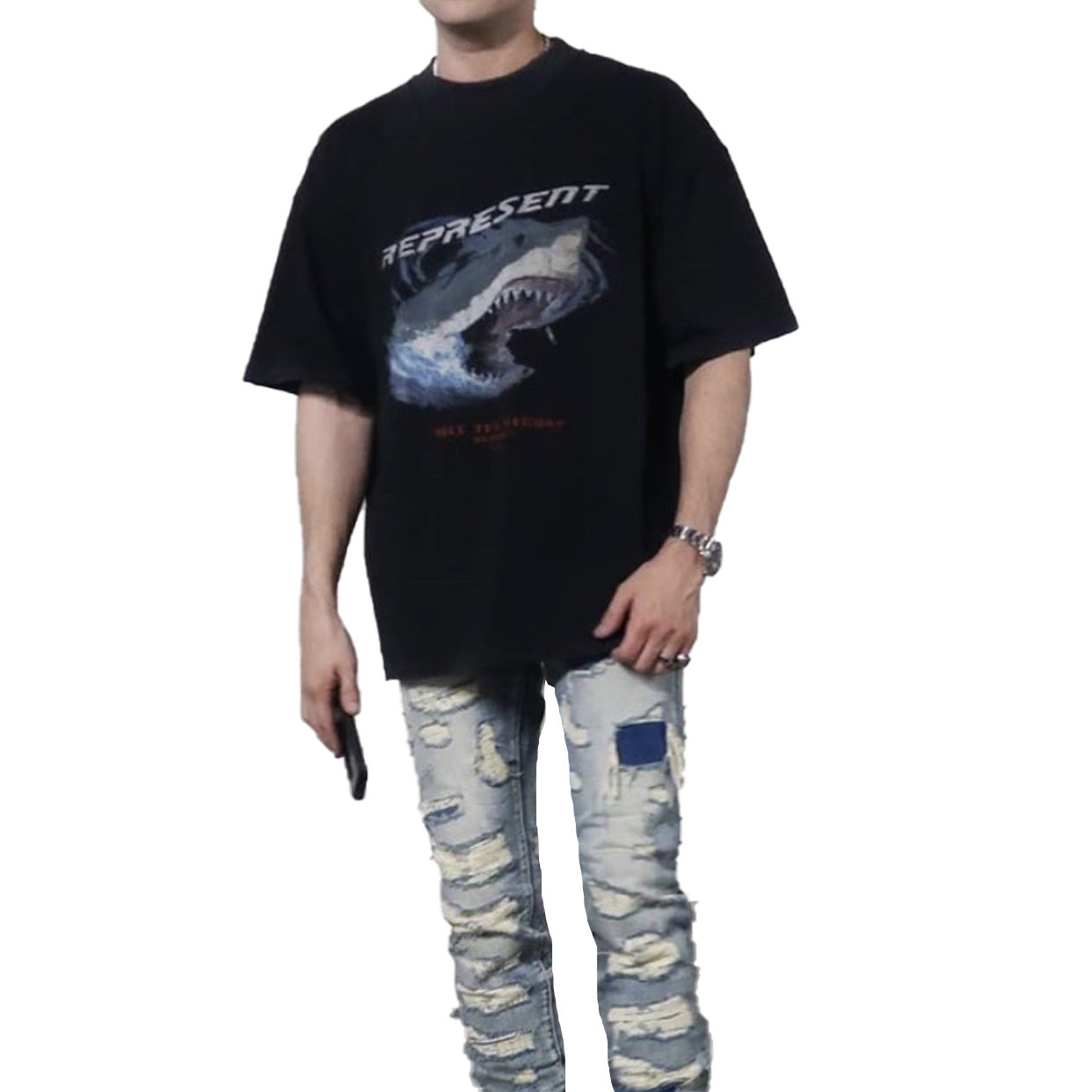 Purchase REPRESENT レトロシャークロゴプリント クルーネック 半袖Tシャツ ブラック M05073-03