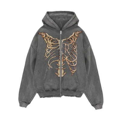 Represent SS21 Vintage Washed Skeleton Print Hoodie Jacket Grey M04084-20
