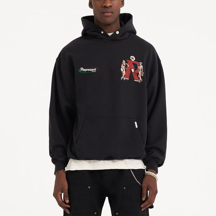 Shop Represent SS23 Logo Hoodie With Large Pocket Grey Black M04290-171