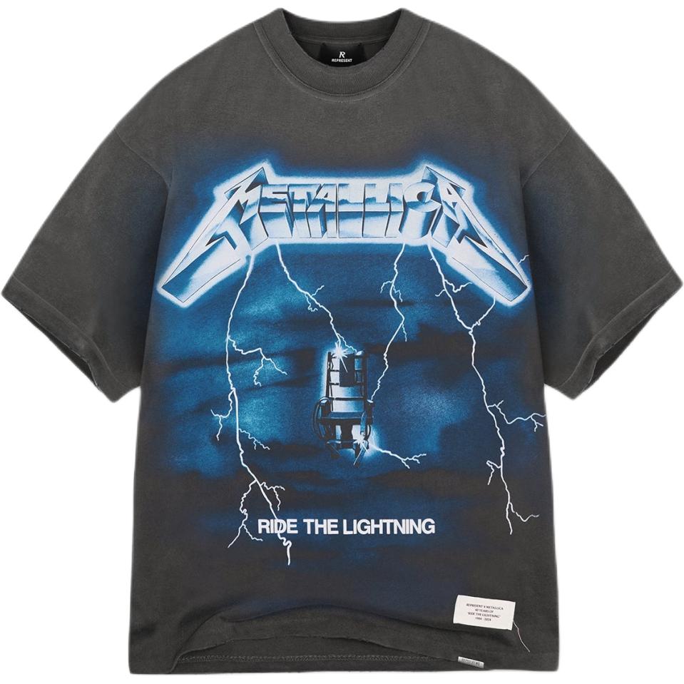 REPRESENT x METALLICA SS24 Lightning Print Grey Crewneck T-Shirt Men. MLM4356-020