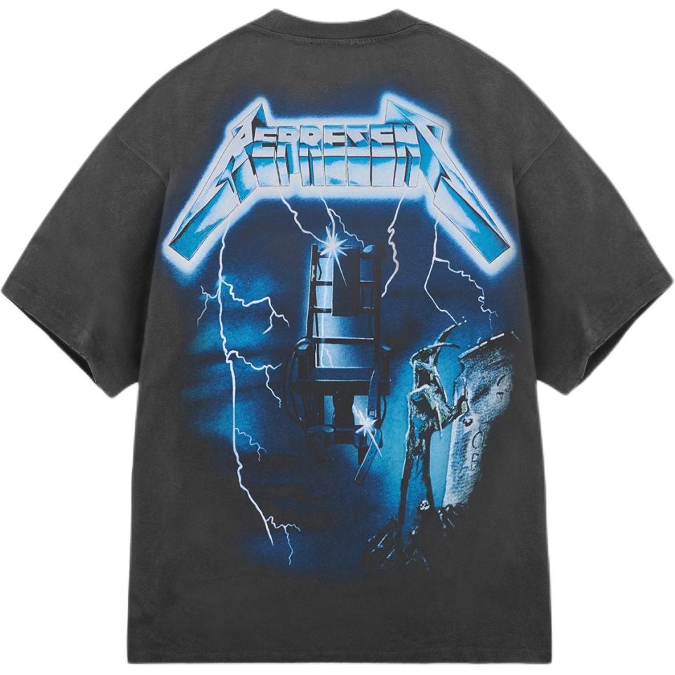 Lookbook REPRESENT x METALLICA SS24 Lightning Print Grey Crewneck T-Shirt Men. MLM4356-020