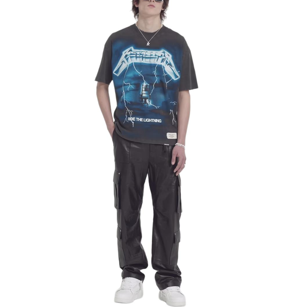 Shop REPRESENT x METALLICA SS24 Lightning Print Grey Crewneck T-Shirt Men. MLM4356-020