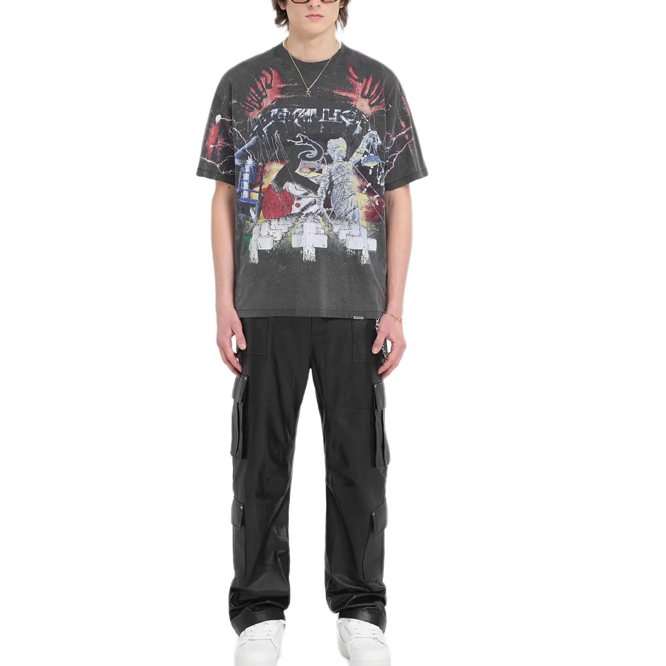 Shop REPRESENT x メタリカ SS24 ヴィンテージ グレー グラフィック クルーネック Tシャツ MLM4354-020