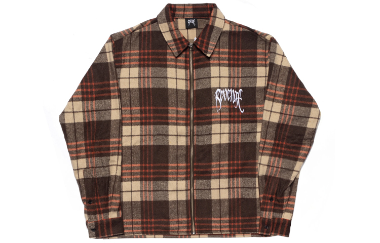 Revenge Plaid Loose-Fit Long Sleeve Melard Shirt Brown (). REVE-JK014-BROWN