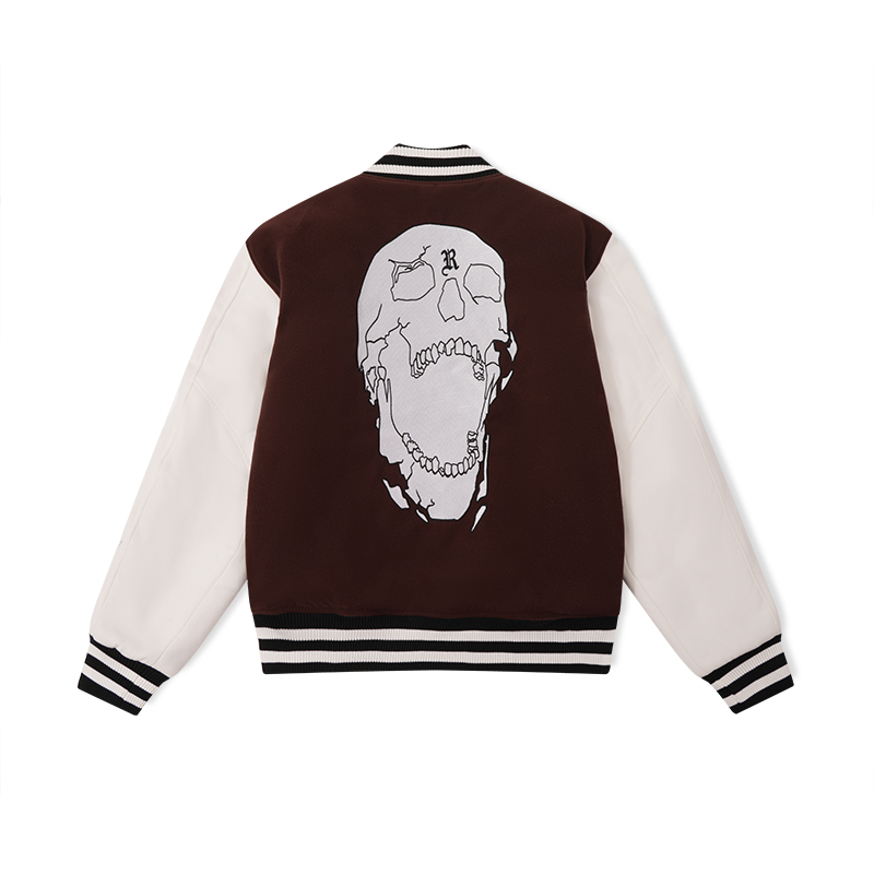 Revenge Skull Logo Lettering Embroidered Unisex Brown Baseball Jacket. RVG-JK000010