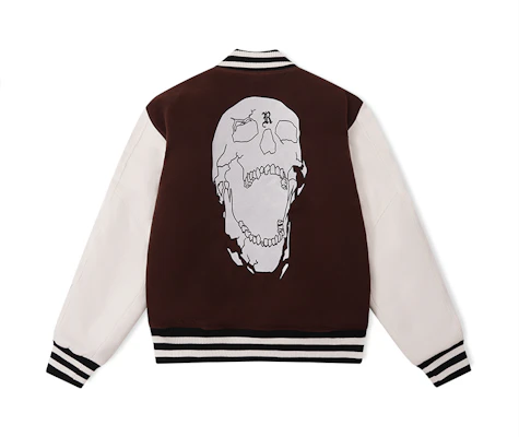 Revenge Skull Logo Lettering Embroidered Unisex Brown Baseball Jacket. RVG-JK000010 Buy Revenge Skull Logo Lettering Embroidered Unisex Brown Baseball Jacket. RVG-JK000010