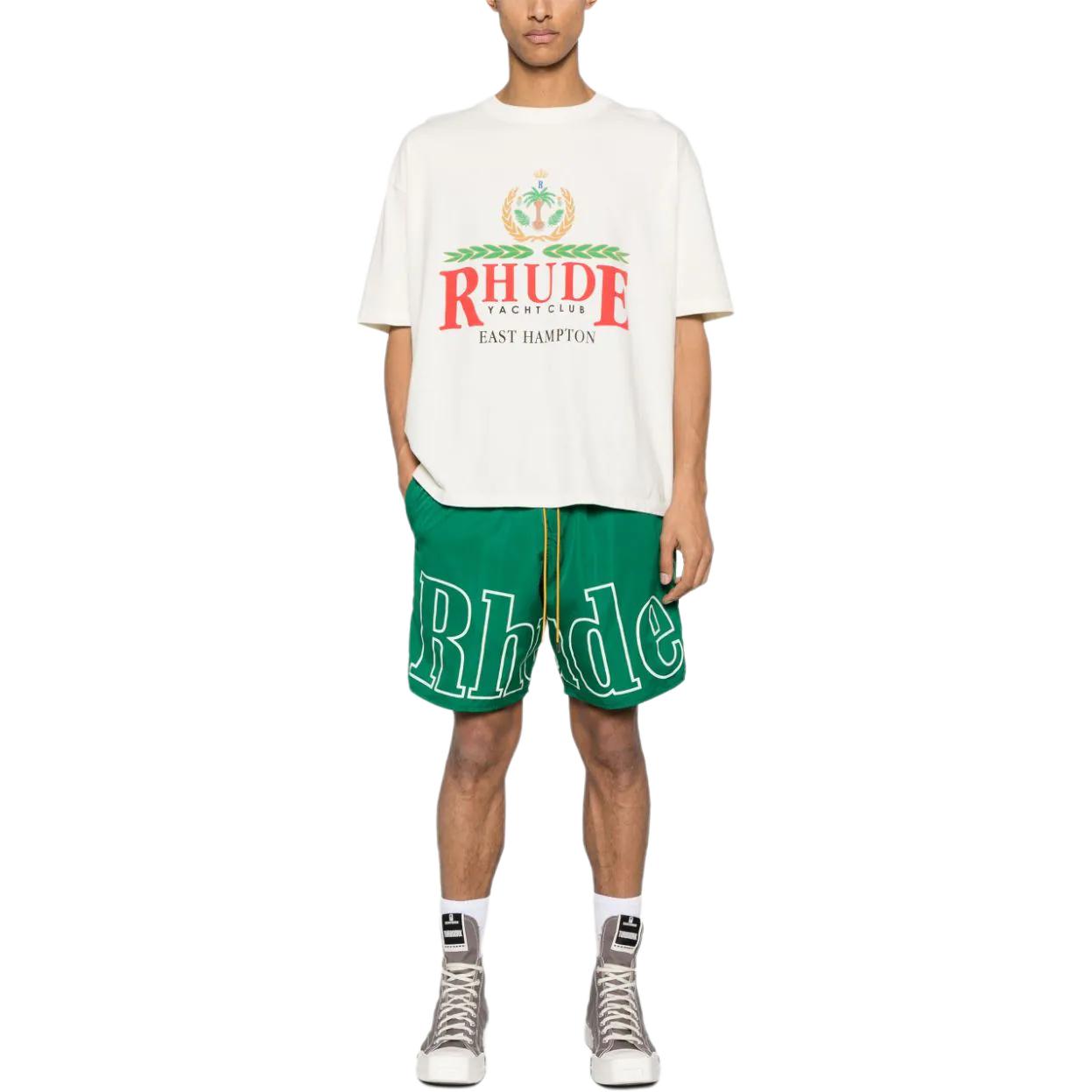 Lookbook RHUDE绿色宽松短裤标志印花抽绳设计。 RHSS24SH128423730373