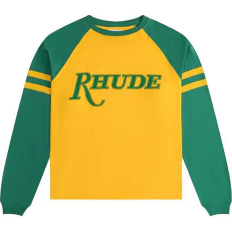 Rhude Colorblock Letter Print Crewneck Sweatshirt Men’s Yellow Green RHPS24TT12012144