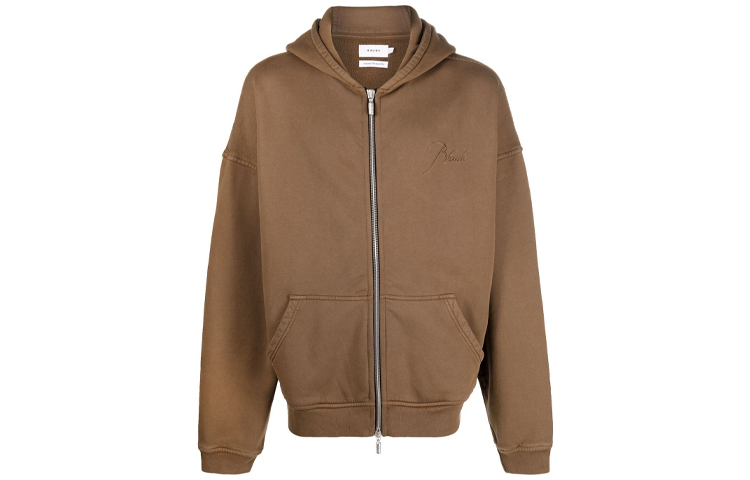 Rhude FW22 Coffee Brown Logo Embroidered Zip-Up Hoodie for Men RHFW22HO09012090