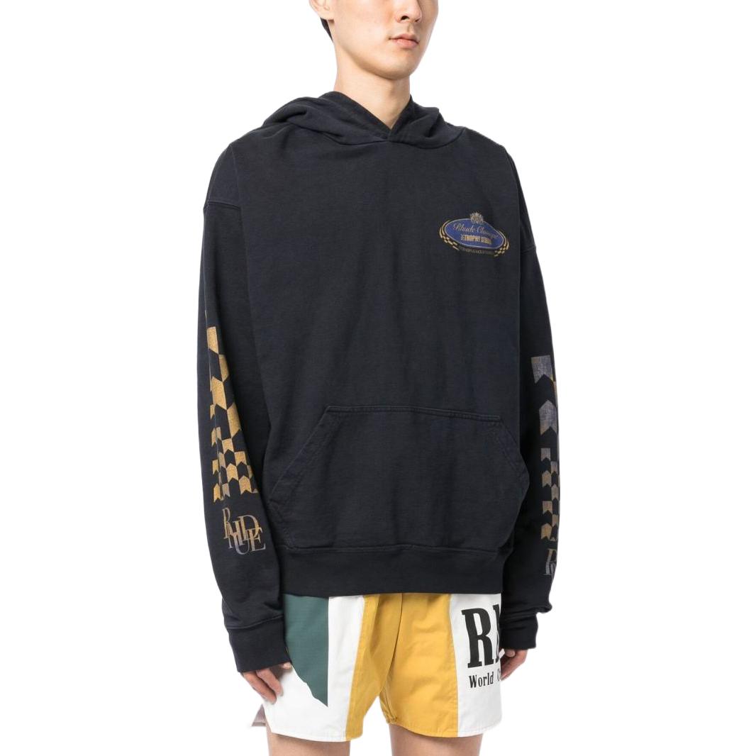 Shop RHUDE 2022秋冬款图案印花男士黑色长袖连帽衫。 RHFW22HO07012610