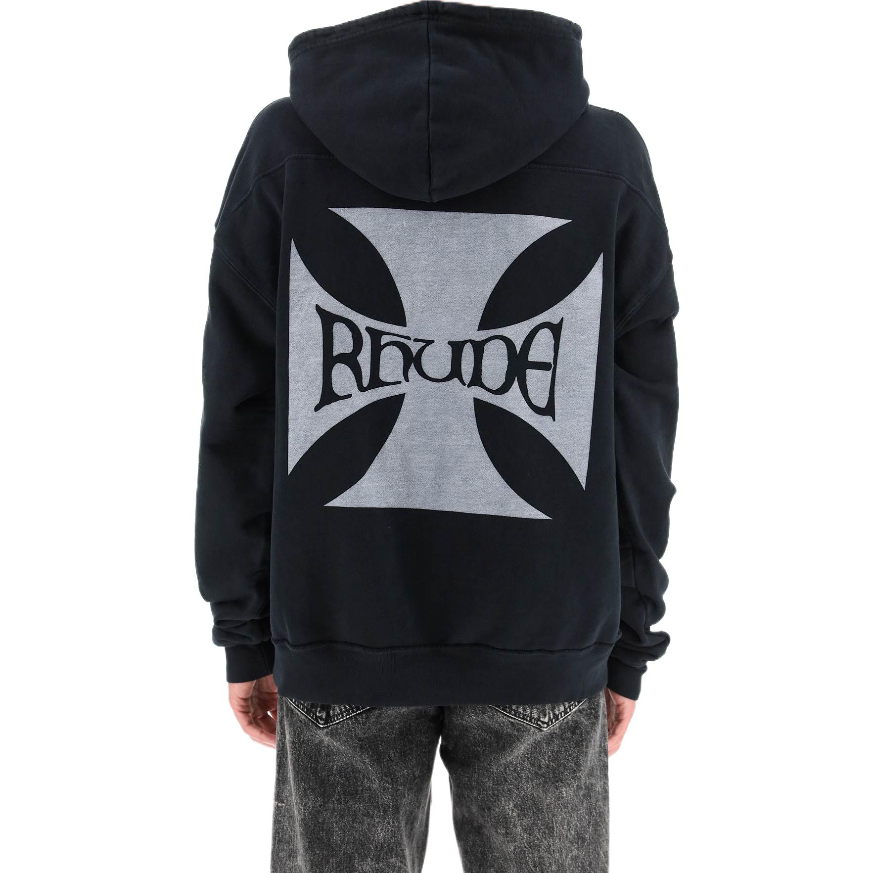 Shop RHUDE 字母格纹男士连帽卫衣 黑色 RHFW21HO01012372