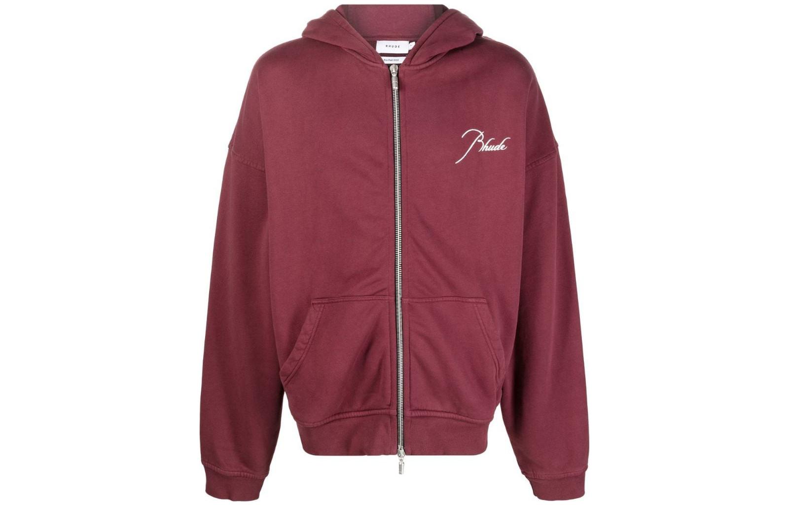 Rhude Logo Embroidered Burgundy Zip-Up Hoodie Men’s Long Sleeve Pullover RHPF22HO06012800ROSSO