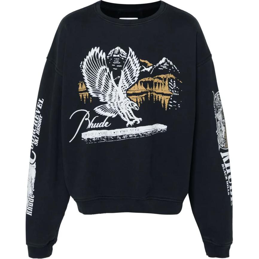 Rhude RHODE Letter Print Crewneck Oversized Pullover Sweatshirt Black Mens RHPF24ST010122306
