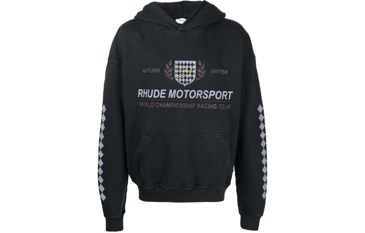 Rhude RHODE Men’s Black Checkered Logo Print Long Sleeve Hoodie RHFW21HO05012372