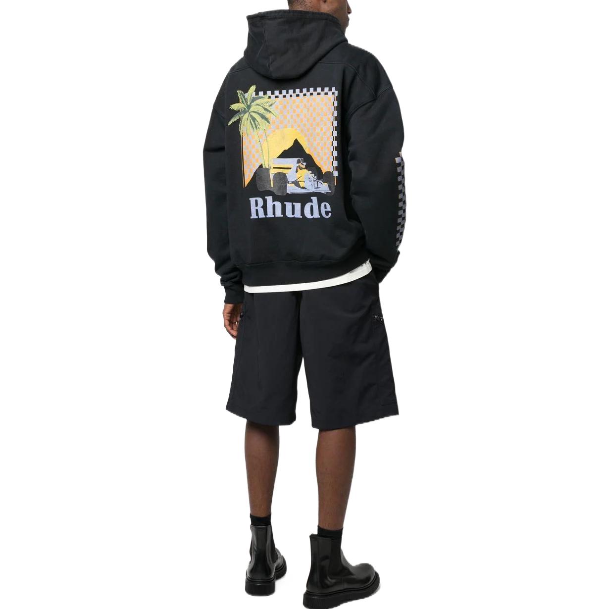 Lookbook Rhude RHODE SS23 Hoodie Hitam Lengan Panjang dengan Desain Depan. RHPS23HO01826610BLK
