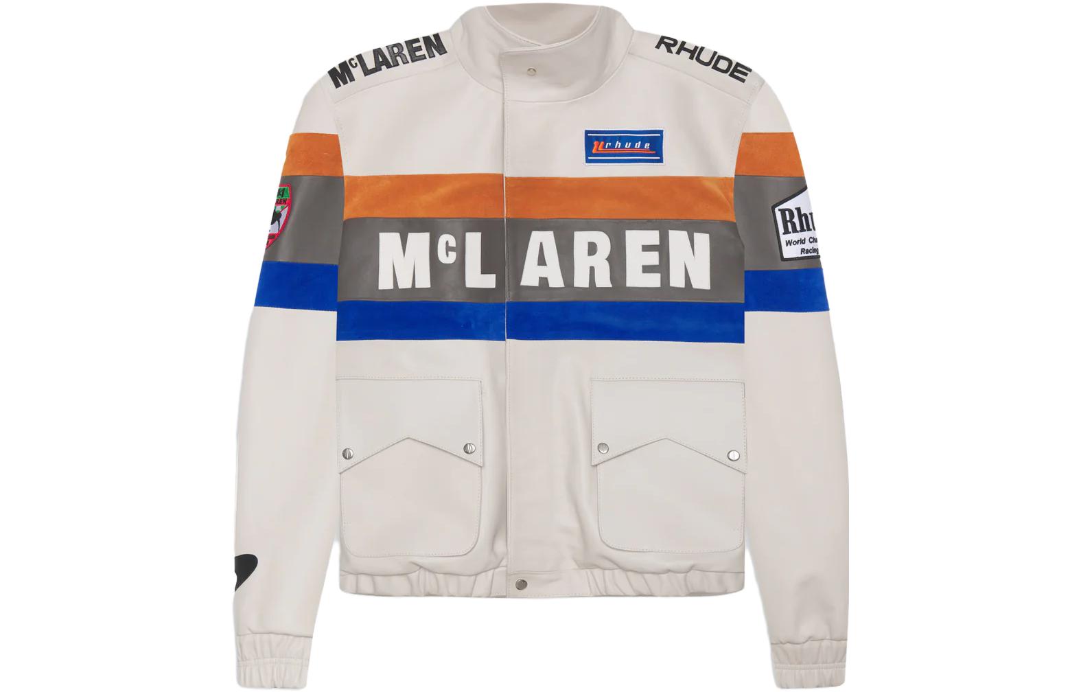 Rhude RHUE SS23 Ivory White Lettering Zip-Up Stand Collar Jacket LEATHER RHACING JACKET