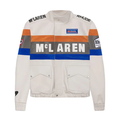 Rhude RHUE SS23 Ivory White Lettering Zip-Up Stand Collar Jacket LEATHER RHACING JACKET