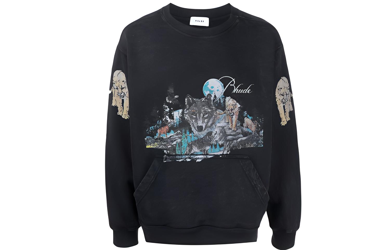 Rhude SS21 Wolf Print Crewneck Pullover Sweatshirt Black RHFW20SW00000011
