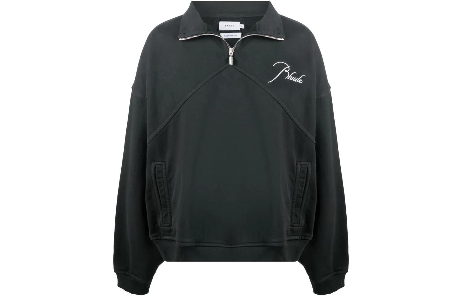 Rhude SS22 Black Half-Zip Pullover Sweatshirt with Logo Embroidery RHSS22SW11012610