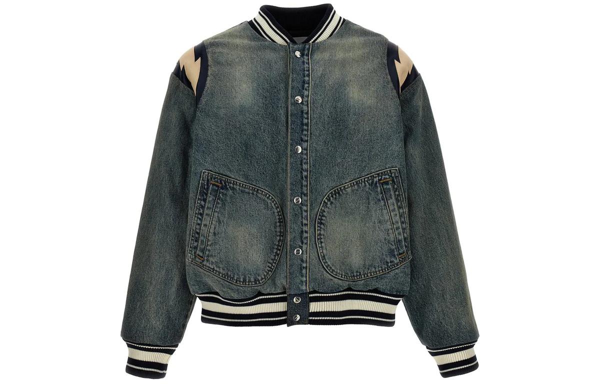 Rhude SS24 Blue Stripe Logo Embroidered Bomber Jacket with Letter Patch RHPS24JA060123051305