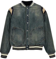 Rhude SS24 Blue Stripe Logo Embroidered Bomber Jacket with Letter Patch RHPS24JA060123051305 Rhude SS24 Blue Stripe Logo Embroidered Bomber Jacket with Letter Patch RHPS24JA060123051305