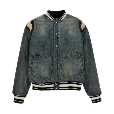 Rhude SS24 Blue Stripe Logo Embroidered Bomber Jacket with Letter Patch RHPS24JA060123051305