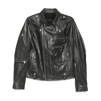 Rick Owens Black Leather Jacket with Zip and Lapel Collar RU01E5765LTP-09