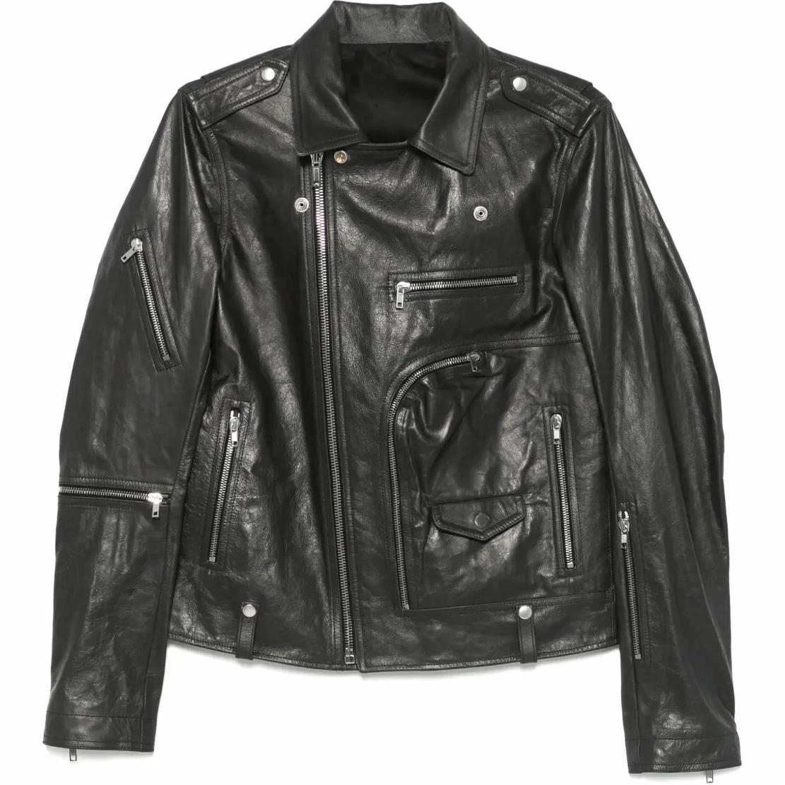 Order Rick Owens 黑色皮革拉鍊翻領夾克 RU01E5765LTP-09